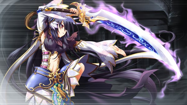 Anime picture 1024x576 with kamidori alchemy meister yuela long hair black hair red eyes wide image game cg girl sword