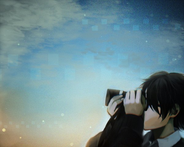 Anime picture 1000x798 with original minami haruya short hair black hair holding sky profile boy shirt camera