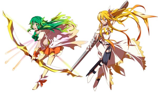 Anime picture 1000x600 with vocaloid gumi lily (vocaloid) haru aki long hair blue eyes simple background blonde hair wide image white background multiple girls green eyes looking away ponytail multicolored hair green hair side ponytail fantasy fighting stance magical girl