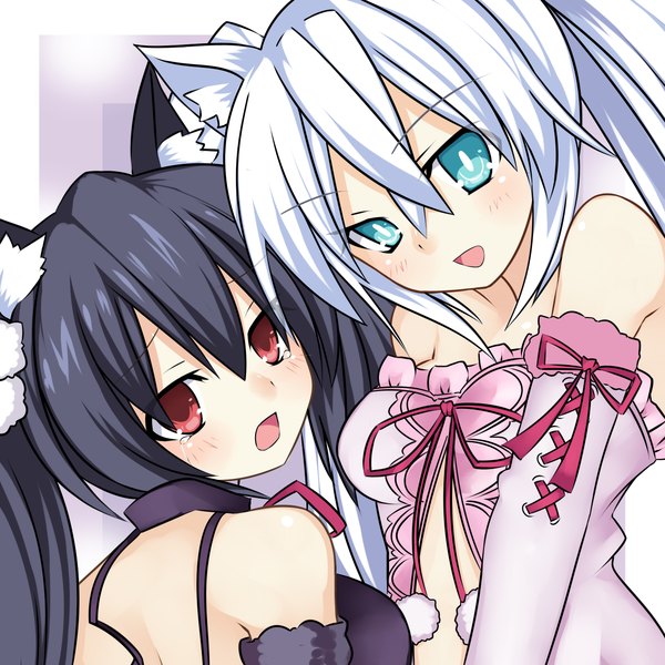 Anime picture 2362x2362 with choujigen game neptune noire black heart meimu (infinity) long hair looking at viewer blush highres open mouth blue eyes black hair red eyes bare shoulders multiple girls animal ears white hair cat ears girl 2 girls