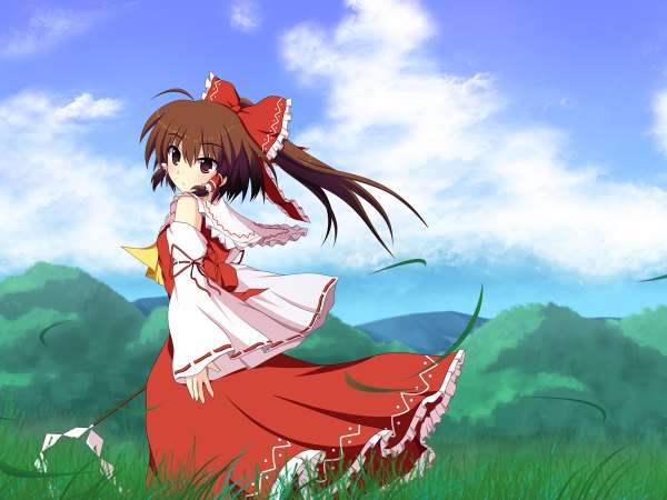 Anime picture 1200x900 with touhou hakurei reimu cross (crossryou) single long hair brown hair brown eyes ahoge girl bow plant (plants) hair bow detached sleeves grass