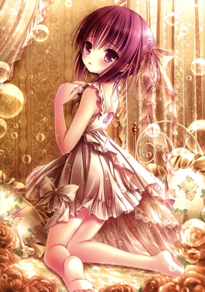 Anime picture 2320x3300 with ro-kyu-bu! project no.9 minato tomoka tinker bell single tall image highres short hair purple eyes purple hair barefoot scan bare legs loli girl dress flower (flowers) bubble (bubbles)