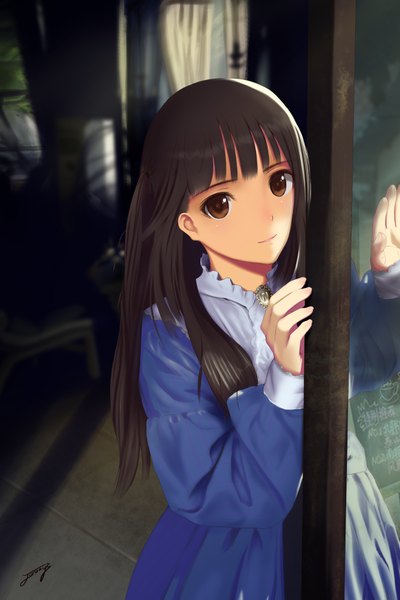 Anime picture 2500x3750 with original j orange single long hair tall image looking at viewer highres black hair brown eyes girl dress