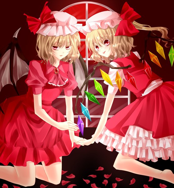 Anime picture 1200x1296 with touhou flandre scarlet remilia scarlet hiru0130 tall image short hair blonde hair red eyes one side up holding hands :p bat wings girl dress skirt hat petals wings tongue skirt set