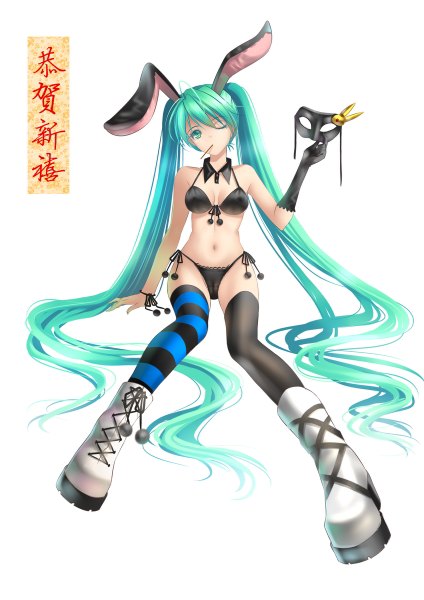 Anime picture 848x1200 with vocaloid hatsune miku tidsean single tall image light erotic simple background white background twintails animal ears very long hair one eye closed aqua eyes wink aqua hair bunny ears girl thighhighs gloves navel