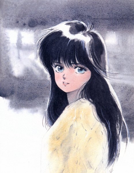 Anime picture 1696x2182 with kimagure orange road ayukawa madoka takada akemi single long hair tall image highres blue eyes black hair simple background oldschool girl