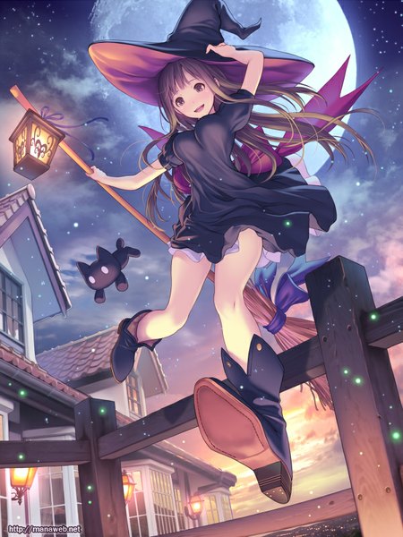 Anime picture 600x800 with ilog tsutsui aki mana kakkowarai single long hair tall image looking at viewer blush open mouth brown hair brown eyes night flying witch girl dress hat animal boots moon