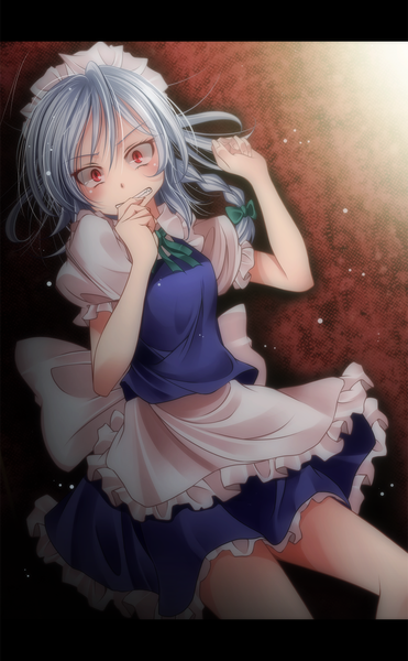 Anime picture 1000x1618 with touhou izayoi sakuya s-syogo single tall image blush short hair red eyes silver hair braid (braids) maid twin braids finger to mouth girl skirt bow hair bow headdress maid headdress apron