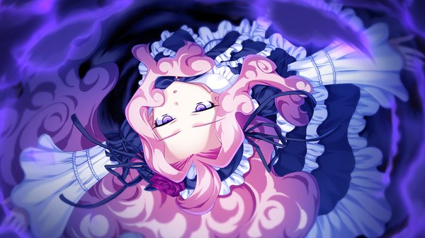 Anime picture 1024x576 with taiyou no promia taiyou no promia flowering days cachette long hair wide image purple eyes pink hair game cg girl dress ribbon (ribbons) hair ribbon frills