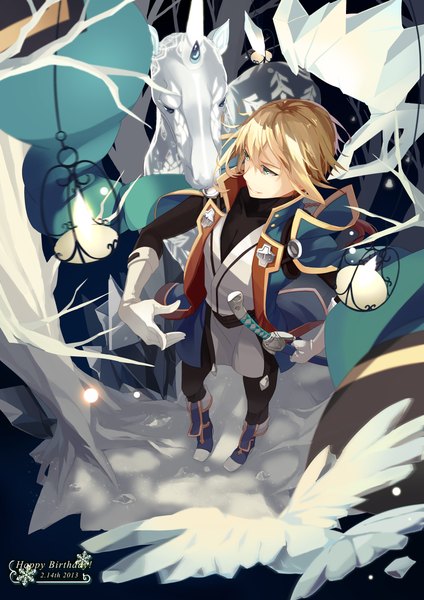Anime picture 1500x2122 with blazblue jin kisaragi selenoring tall image short hair blonde hair smile green eyes from above inscription boy gloves uniform weapon animal sword ice unicorn