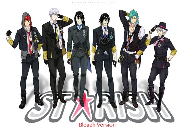 Anime picture 2300x1610 with bleach studio pierrot ulquiorra schiffer hitsugaya toushirou kuchiki byakuya abarai renji grimmjow jeagerjaques ichimaru gin highres short hair open mouth blue eyes black hair green eyes purple hair white hair red hair green hair black eyes inscription