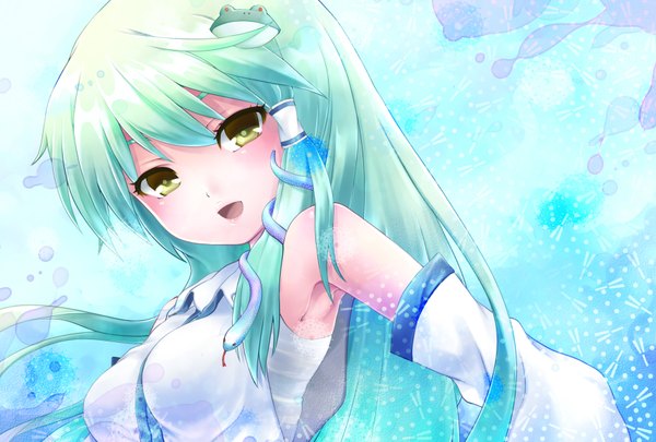 Anime picture 1748x1181 with touhou kochiya sanae single long hair highres open mouth yellow eyes green hair girl hair ornament detached sleeves hair tubes