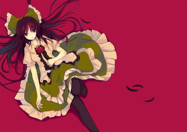Anime picture 1200x849 with touhou reiuji utsuho jq single long hair simple background red eyes brown hair girl skirt bow hair bow feather (feathers) green skirt