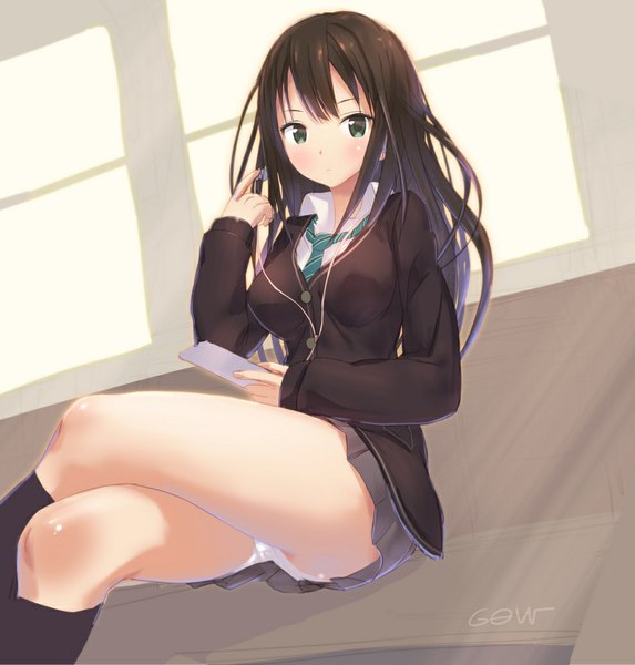 Anime picture 955x1000 with idolmaster idolmaster cinderella girls shibuya rin tougetsu gou single long hair tall image looking at viewer blush fringe light erotic brown hair sitting green eyes signed pleated skirt shadow crossed legs open collar hand on headphones