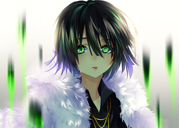Anime picture 1366x982 with one-punch man madhouse fubuki (one-punch man) temiji single looking at viewer short hair black hair hair between eyes green eyes upper body parted lips gradient background surprised girl fur