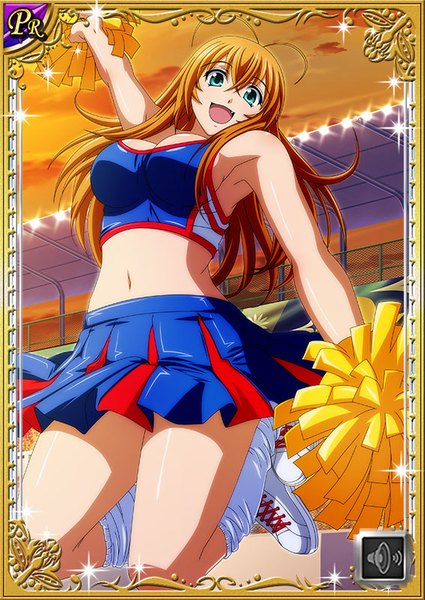 Anime picture 567x800 with ikkitousen sonsaku hakufu single long hair tall image looking at viewer fringe breasts open mouth light erotic blonde hair smile hair between eyes large breasts holding payot sky cloud (clouds) ahoge :d