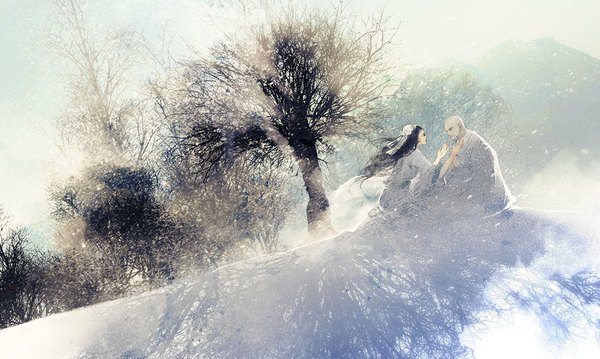 Anime picture 1191x714 with original ibuki satsuki long hair black hair wide image sitting traditional clothes sunlight shadow couple snowing winter snow outstretched hand bald girl boy plant (plants) tree (trees)