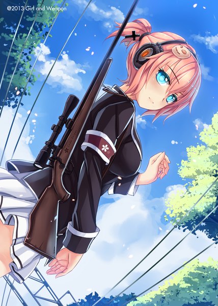 Anime picture 1000x1400 with original sekigan single tall image blush short hair blue eyes pink hair sky cloud (clouds) girl skirt uniform weapon plant (plants) school uniform tree (trees) headphones gun power lines