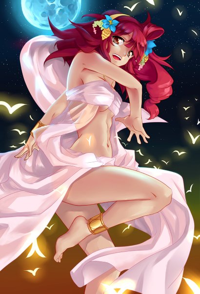 Anime picture 900x1315 with magi the labyrinth of magic a-1 pictures morgiana lucidsky single long hair tall image open mouth light erotic smile red eyes sky red hair night bare legs from below midriff legs happy dancing