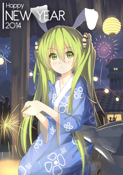 Anime picture 800x1131 with vocaloid hatsune miku riki-to long hair tall image looking at viewer blush twintails animal ears traditional clothes japanese clothes aqua eyes aqua hair bunny ears new year fireworks happy new year 2014 girl hair ornament