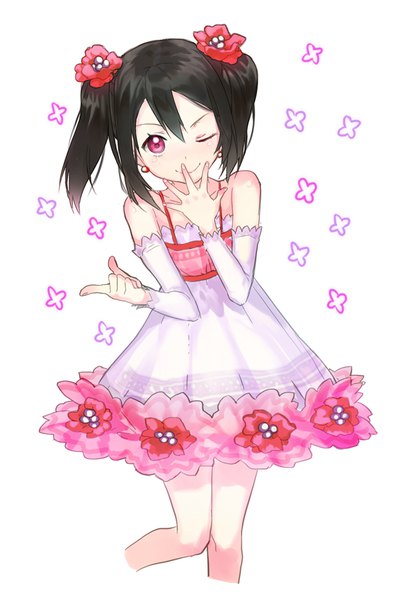 Anime picture 700x1018 with love live! school idol project sunrise (studio) love live! yazawa nico macciatto (aciel02) single tall image looking at viewer fringe short hair black hair smile hair between eyes white background twintails bare shoulders bent knee (knees) one eye closed pink eyes short twintails