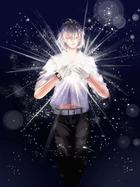 Anime picture 1800x2400 with dramatical murder nitro+chiral clear (dmmd) gackpokaito single tall image highres short hair eyes closed grey hair mole lens flare dark background glow boy gloves white gloves pants clock splashes