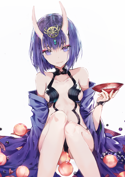 Anime picture 800x1132 with fate (series) fate/grand order shuten douji (fate) dangmill single tall image looking at viewer fringe short hair breasts light erotic simple background smile white background sitting purple eyes bare shoulders holding purple hair bent knee (knees)