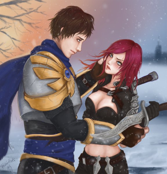 Anime picture 1600x1664 with league of legends katarina (league of legends) garen (league of legends) eliskalti long hair tall image blush short hair breasts blue eyes black hair red hair lips couple scar girl boy weapon armor dagger