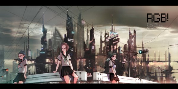 Anime picture 2600x1300 with original noboundary (artist) long hair highres short hair wide image multiple girls sky cloud (clouds) city cityscape curly hair futuristic girl skirt uniform school uniform glasses serafuku 3 girls