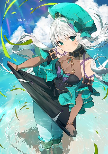 Anime picture 700x1000 with original sorolp single long hair tall image looking at viewer fringe breasts smile hair between eyes large breasts standing bare shoulders signed payot sky silver hair cloud (clouds) outdoors head tilt