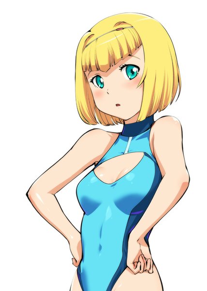 Anime picture 714x1000 with heavy object j.c. staff milinda brantini ueyama michirou single tall image blush fringe short hair breasts open mouth light erotic simple background blonde hair standing white background bare shoulders looking away cleavage aqua eyes