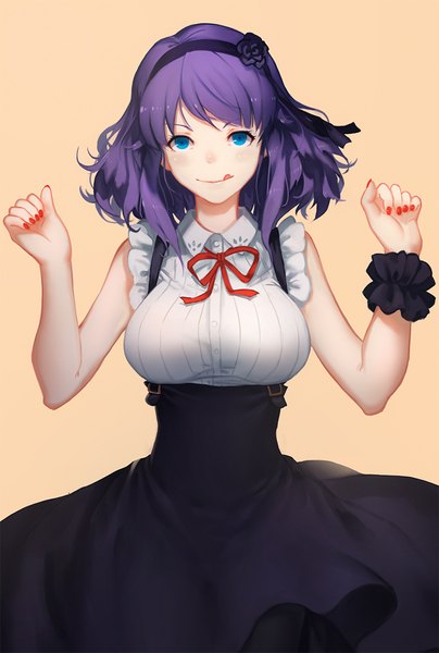 Anime picture 800x1188 with dagashi kashi feel (studio) shidare hotaru minhoo single tall image looking at viewer short hair blue eyes simple background purple hair nail polish :q red nail polish girl dress hairband tongue wrist cuffs