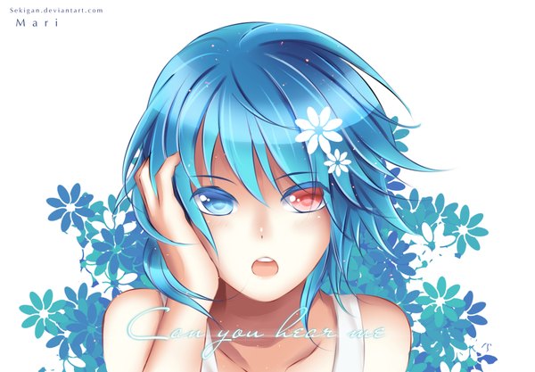 Anime picture 1824x1270 with original sekigan single looking at viewer highres short hair open mouth white background blue hair heterochromia girl