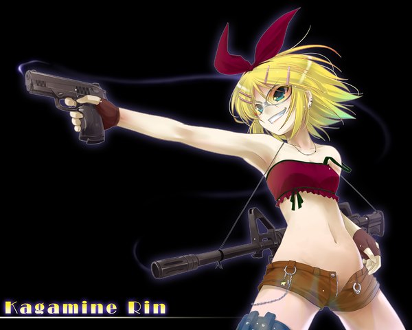 Anime picture 1280x1024 with vocaloid kagamine rin pooru short hair blonde hair character names outstretched arm black background girl gun
