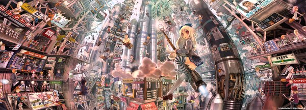 Anime picture 2100x757 with original arsenixc long hair blush highres blonde hair red eyes brown hair wide image multiple girls silver hair cloud (clouds) ponytail red hair aqua hair multiple boys city cityscape flying fantasy