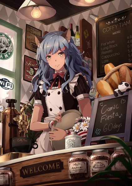 Anime picture 1240x1754 with original kiyo (chaoschyan) single long hair tall image looking at viewer animal ears yellow eyes blue hair maid girl dress uniform flower (flowers) food cup lamp tray bread