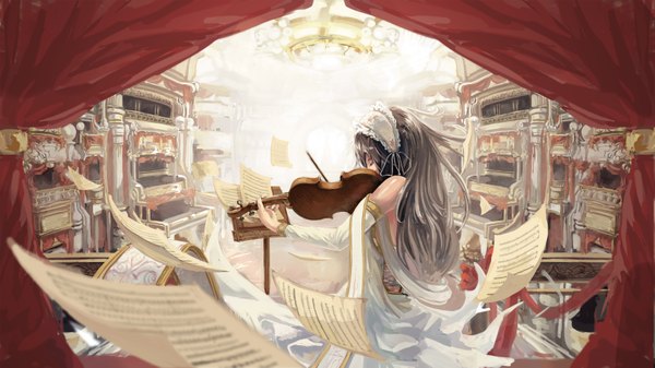 Anime picture 3780x2126 with original qghy single long hair highres brown hair wide image standing holding absurdres from behind back playing instrument girl detached sleeves headband musical instrument paper violin bow (instrument)