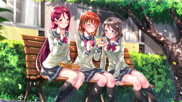 Anime picture 1920x1080 with love live! sunshine!! sunrise (studio) love live! sakurauchi riko watanabe you takami chika swordsouls long hair blush highres short hair open mouth blue eyes smile brown hair wide image sitting multiple girls yellow eyes pink hair