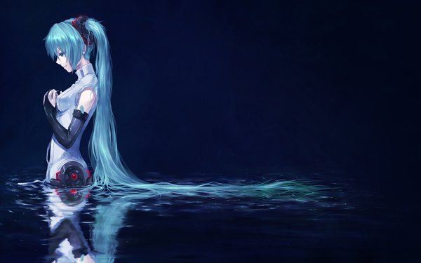Anime picture 1920x1200 with vocaloid vocaloid append hatsune miku hatsune miku (append) totuka single fringe highres smile wide image twintails very long hair aqua eyes aqua hair reflection girl water