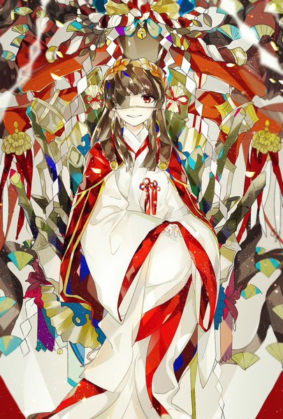 Anime picture 1181x1748 with original emera single long hair tall image looking at viewer smile red eyes brown hair sitting traditional clothes japanese clothes wide sleeves girl bell eyepatch tassel jingle bell