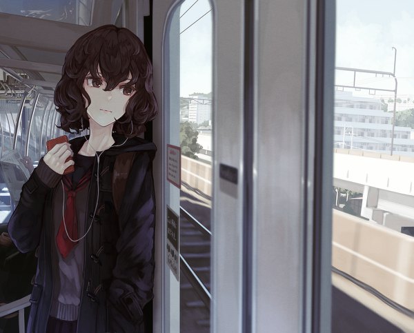 Anime picture 1200x966 with original kaoming single fringe short hair hair between eyes brown hair standing holding brown eyes looking away long sleeves pleated skirt inscription open clothes city cityscape curly hair train interior girl