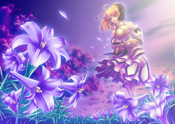Anime picture 1280x909 with fate (series) type-moon artoria pendragon (all) saber saber lily single short hair blue eyes blonde hair bare shoulders sky cloud (clouds) wind girl dress flower (flowers) detached sleeves petals armor