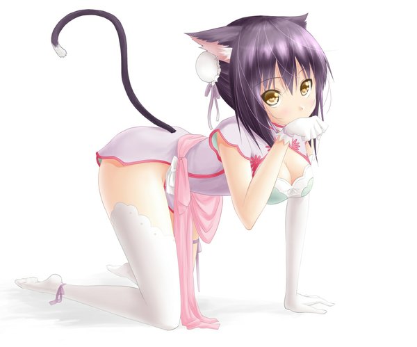 Anime picture 1166x971 with noppi (noppi 98) single light erotic white background animal ears yellow eyes cleavage purple hair full body animal tail cat ears cat girl cat tail girl thighhighs gloves white thighhighs elbow gloves