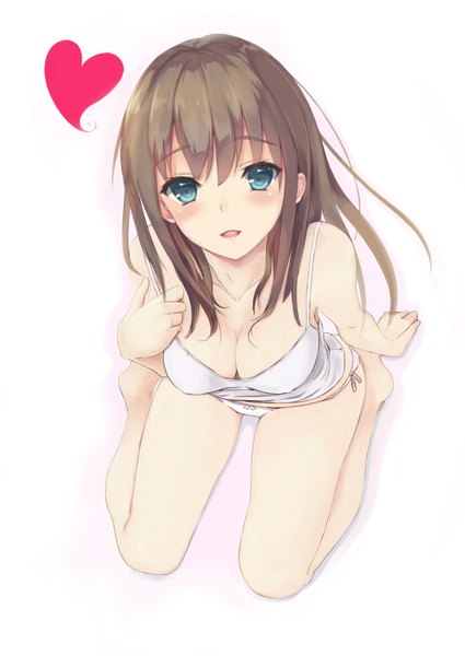Anime picture 2508x3541 with original aster6154 single long hair tall image looking at viewer blush fringe highres breasts open mouth light erotic simple background hair between eyes brown hair large breasts white background sitting cleavage full body