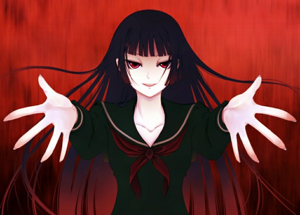 Anime picture 1024x736 with tasogare otome x amnesia silver link kanoe yuuko mc4 single long hair black hair red eyes spread arms red background girl serafuku