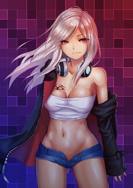 Anime picture 1000x1415 with original shiraha (pixiv10239953) single long hair tall image fringe breasts light erotic red eyes bare shoulders looking away cleavage silver hair light smile off shoulder open jacket bare belly midriff tattoo floating hair