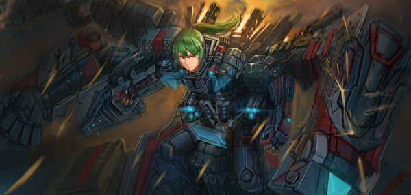 Anime picture 2261x1080 with original badcompzero single long hair looking at viewer highres red eyes wide image ponytail green hair mecha musume girl armor suit