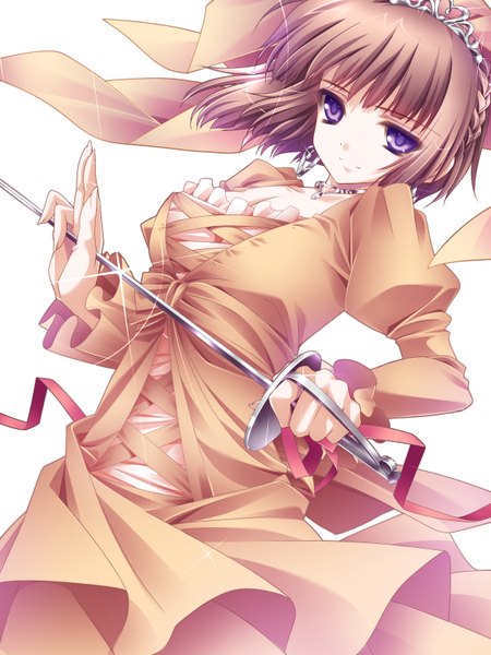 Anime picture 1200x1600 with original moneti (daifuku) single tall image looking at viewer short hair simple background brown hair white background purple eyes girl dress weapon earrings epee