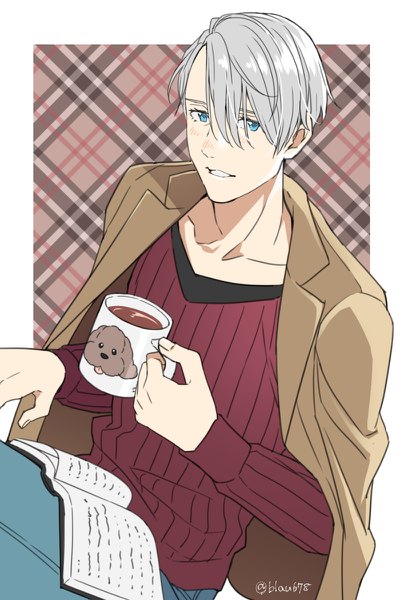 Anime picture 804x1200 with yuri!!! on ice mappa viktor nikiforov makkachin natsuko (bluecandy) single tall image looking at viewer fringe short hair blue eyes hair between eyes sitting silver hair parted lips from above border outside border clothes on shoulders plaid
