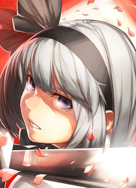 Anime picture 1087x1500 with touhou konpaku youmu azusa (hws) single tall image looking at viewer short hair open mouth blue eyes signed looking back grey hair close-up red background girl ribbon (ribbons) weapon hair ribbon petals sword